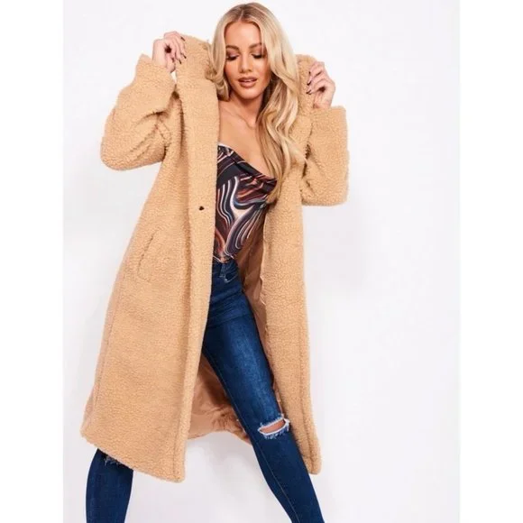 Camel Long Sleeve Hoodie Hooded Long Maxi Borg Teddy Bear Fur Coat - Picture 6 of 16